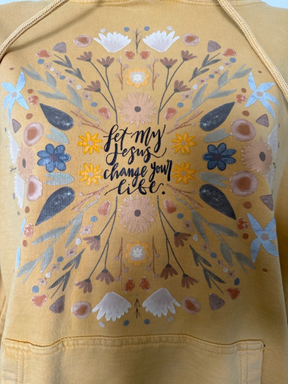 Lane Seven Mustard Yellow Floral Graphic Hoodie Sweatshirt w/ Christian Message - Picture 5 of 14